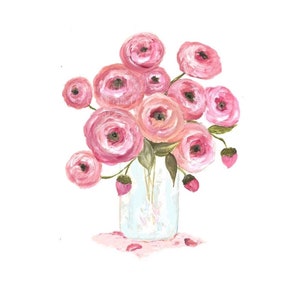 Original Ranunculus Watercolor, Floral Vase Series, Ranunculus  Original Watercolor Print, Watercolor, Pink Ranunculus Painting,