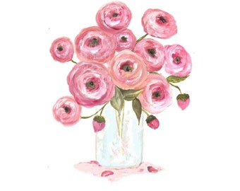 Pink Ranunculus Floral Vase Watercolor Print: Archival Fine Art