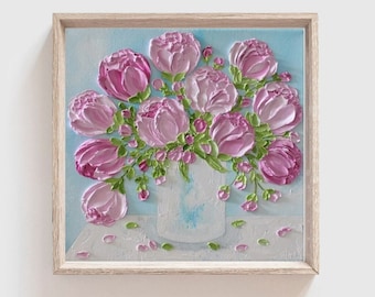Pink Peonies Impasto Painting, Custom Impasto Peony Oil Painting,Frame not included, Frame not Included