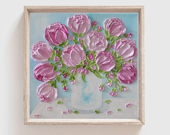 Pink Peonies Impasto Painting, Custom Impasto Peony Oil Painting,Frame not included