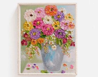 Impasto Zinnia Flower Oil Painting: Summer Bouquet Art, Frame not Included