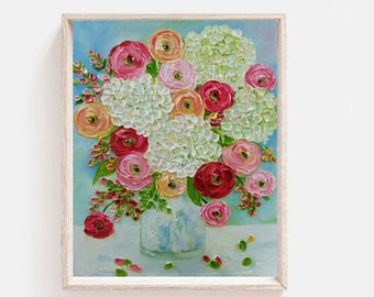Custom Hydrangea Ranunculus Oil Painting: Impasto Floral Art, Frame not Included