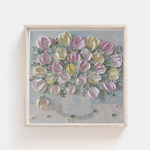 Pastel Variegated Tulip Oil Impasto Painting,  Cottage Chic Decor, Frame not included,