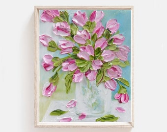 Custom Tulips in a Vase Oil  Impasto Painting, Choose colors of Tulips  , Frame not Included