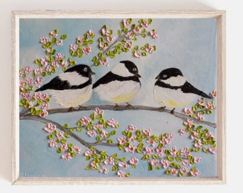 Custom Bird Oil Painting, Three Chickadee Birds on a Cherry Blossom Branch , Oil Bird Painting, Impasto Bird Painting,, Frame not Included