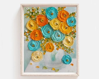 Custom Aqua Ranunculus Impasto Oil Painting: Floral Art, Frame not Included
