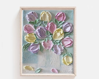 Oil Impasto Mixed Tulips Painting , Mother's Day Gift, Tulip Wall Art