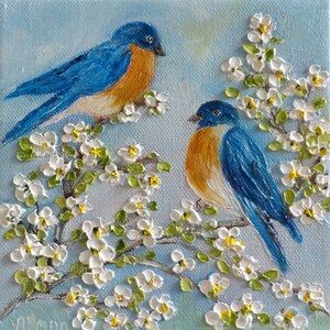 Custom ORIGINAL OIL Bluebirds Spring Blossoms Impasto Painting,Frame not included image 2