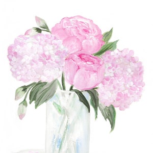 Hortensia rose aquarelle originale et pivoine, impression aquarelle originale image 3