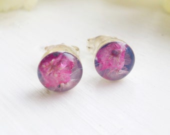 Fine Silver Wildflower and Blue Hydrangea Studs, Dried Flower Resin Studs