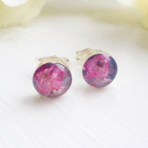 Fine Silver Wildflower and Blue Hydrangea Studs, Dried Flower Resin Studs