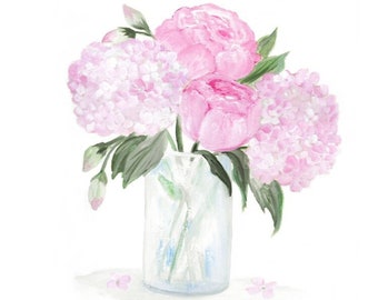 Pink Hydrangea Peony Watercolor Print: Floral Still Life Art