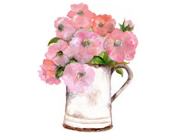 May include: A watercolor painting of a bouquet of pink flowers in a white ceramic pitcher with a brown handle.