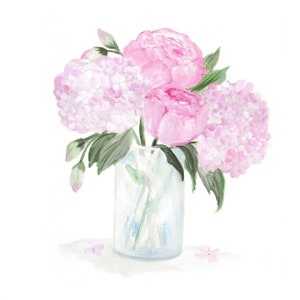 Hortensia rose aquarelle originale et pivoine, impression aquarelle originale image 1