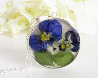 Purple and White Pansies Sterling Silver Eco Resin Pendant, Real Hydrangea Eco Resin Necklace