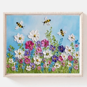 Custom Wildflowers and Bee Oil Painting: Impasto Floral Art, Frame not Included