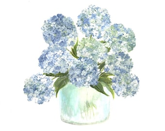 Blue Hydrangeas in Vase: Original Watercolor Print