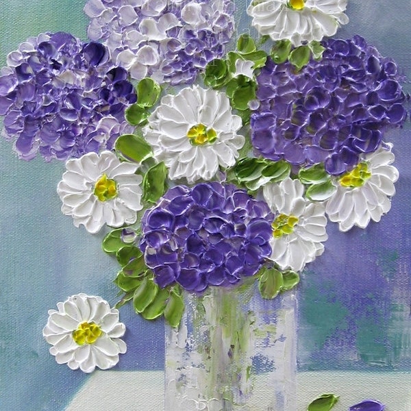 Original Oil Impasto Painting, Lavender Hydrangeas and Daisies in a Vase, Purple Hydrangeas Painting, Oil Painting, Impasto painting