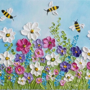 Custom Wildflowers and Bee Impasto Painting, Bee and Flower Oil Painting, Frame in photo not included image 2