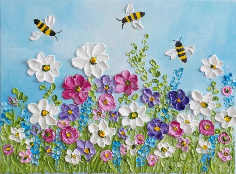 Custom Wildflowers and Bee Impasto Painting, Bee and Flower Oil Painting, Frame in photo not included image 2