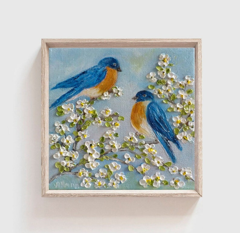 Custom ORIGINAL OIL Bluebirds Spring Blossoms Impasto Painting,Frame not included image 1