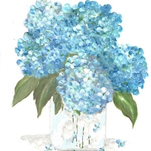 May include: A bouquet of blue hydrangeas in a clear glass vase with a white background. The hydrangeas are arranged in a loose, natural style, and the vase is simple and elegant.