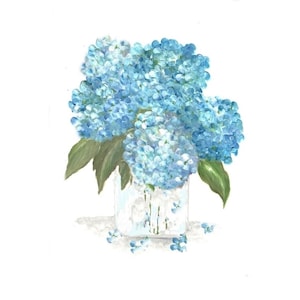 May include: A painting of a bouquet of blue hydrangeas in a clear glass vase. The hydrangeas are arranged in a loose, natural style, and the vase is simple and elegant.