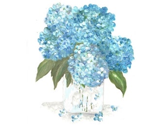 Aqua Hydrangea Watercolor Print: Floral Vase Still Life