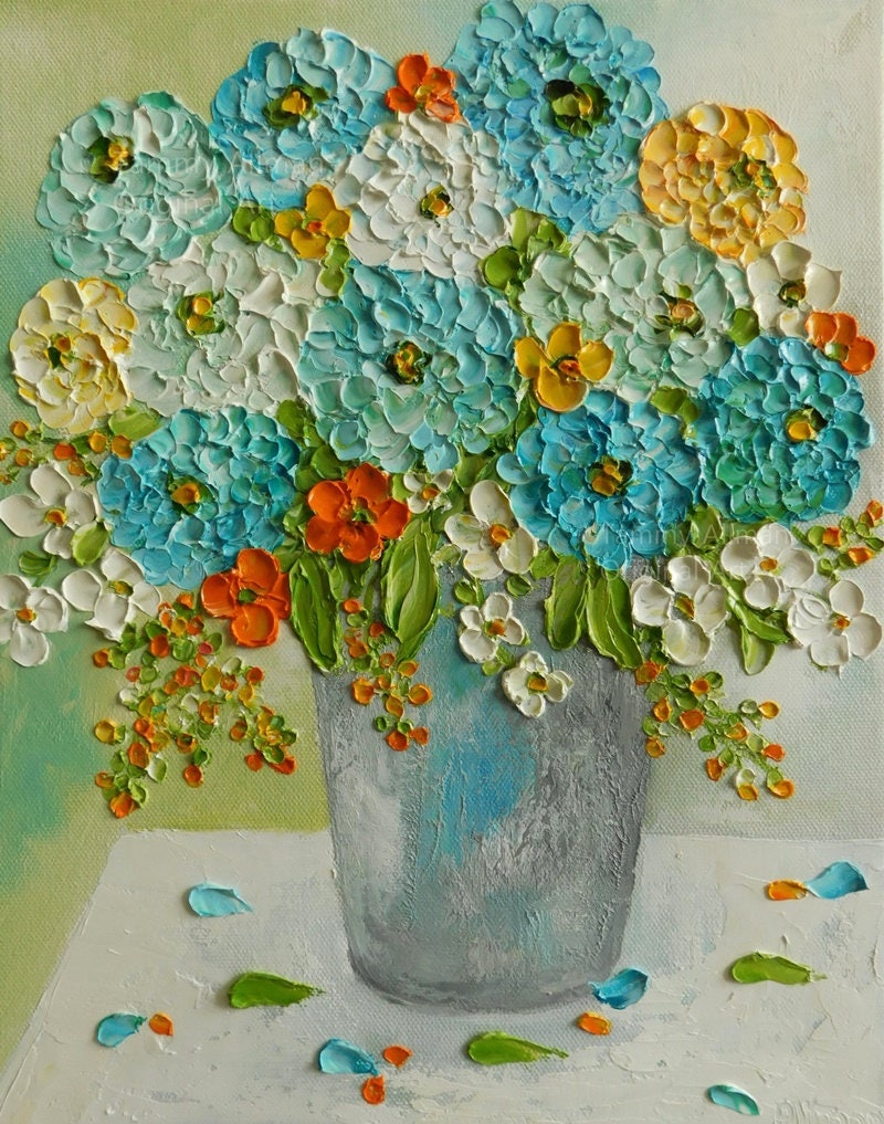 Custom Impasto Aqua Zinnia Flower Painting Impasto Oil Etsy
