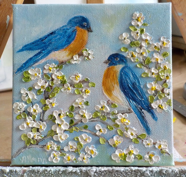 Custom ORIGINAL OIL Bluebirds Spring Blossoms Impasto Painting,Frame not included image 4