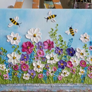 Custom Wildflowers and Bee Impasto Painting, Bee and Flower Oil Painting, Frame in photo not included image 5