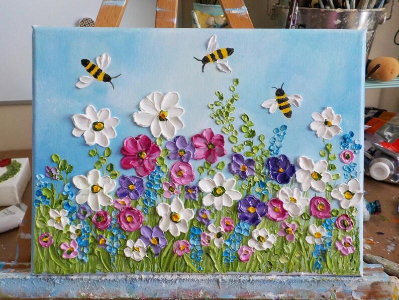 Custom Wildflowers and Bee Impasto Painting, Bee and Flower Oil Painting, Frame in photo not included image 5