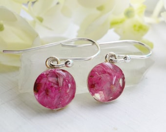 Pink Wildflowers Eco Resin and Sterling Silver Dangle Earrings, Dried Flower Jewelry