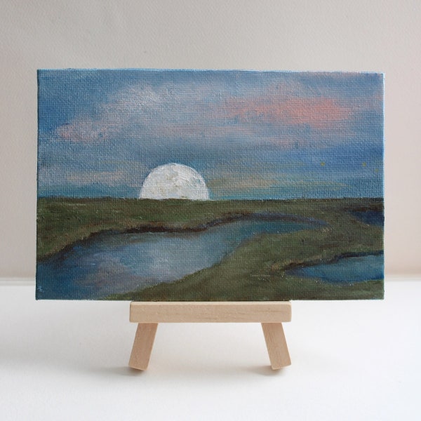 Moon Plein Air Miniature Painting, Moon Over The Marsh, Celestial Painting, Full Moon Series