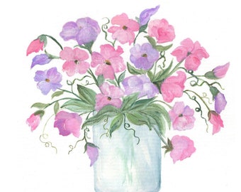 Light Pink And Lavender Sweet Pea Original Watercolor Print, Watercolor, Sweet Pea Painting,