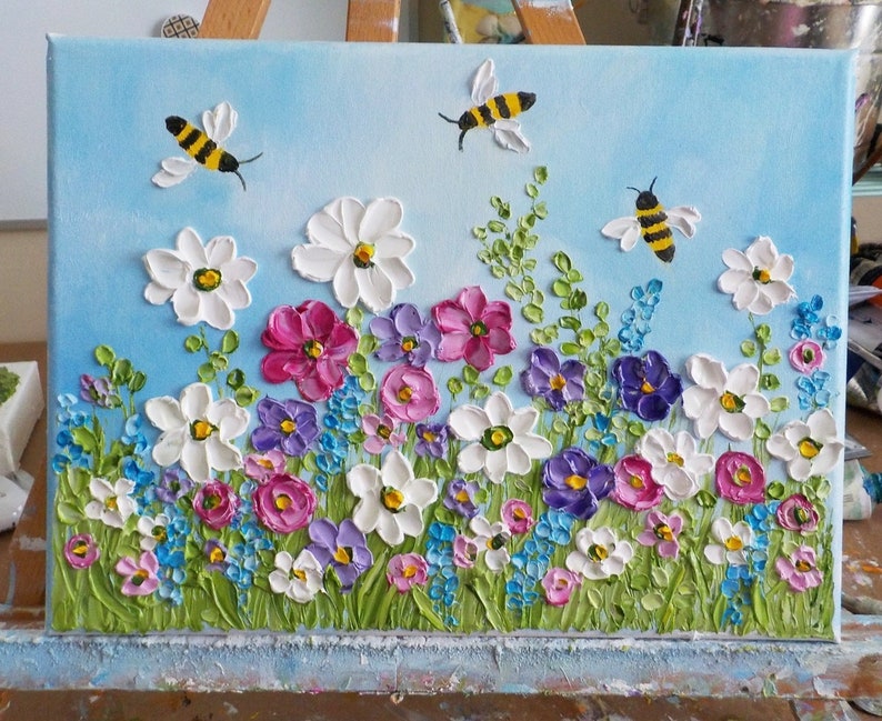 Custom Wildflowers and Bee Impasto Painting, Bee and Flower Oil Painting, Frame in photo not included image 4