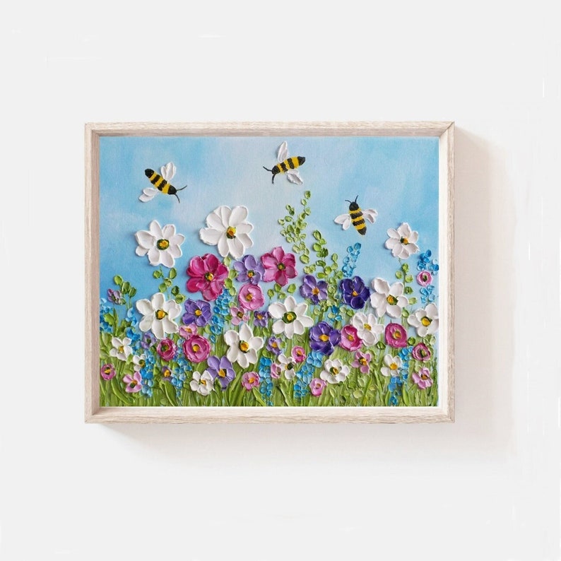 Custom Wildflowers and Bee Impasto Painting, Bee and Flower Oil Painting, Frame in photo not included image 1