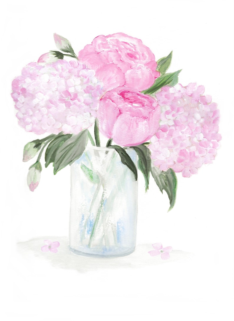 Hortensia rose aquarelle originale et pivoine, impression aquarelle originale image 3