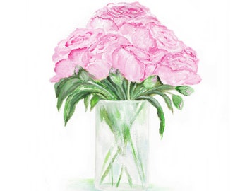 Light Pink Peony Original Watercolor Print, Watercolor, Pink Peony Painting,