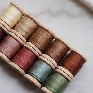 May include: A collection of wooden spools filled with various shades of thread, including beige, brown, pink, and green. The spools are arranged diagonally, showcasing the different colors and textures of the thread. Ideal for sewing and crafting projects.