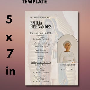 May include: A downloadable 5 x 7 inch template for a memorial service. The design includes the text "In Loving Memory of Emilia Hernandez", along with dates, times, and locations for the service. A portrait of a woman is also included.