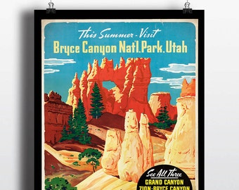 Bryce Canyon National Park Print Vintage Art Print Travel Poster Travel Prints Illustration Retro Mid Century Nature Camping Cabin Decor