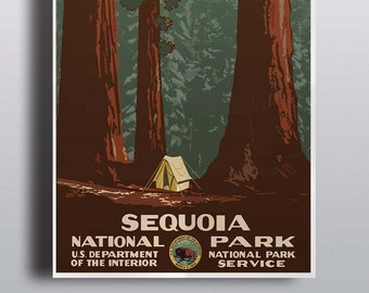 Sequoia National Park Vintage Poster Sequoia Tree Camping Art Print Illustration Nature Print Vintage Poster Wall Decor Wall Art Adventure