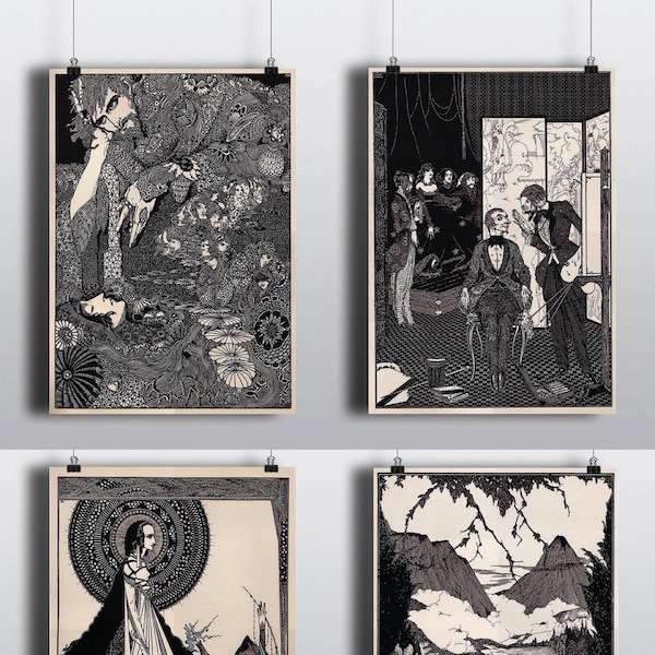 Antique Edgar Allan Poe Art Print Set -- Four 11x14 Prints-- Harry Clarke Illustrations Raven Prints Poster Wall Art Edgar Allan Poe Book