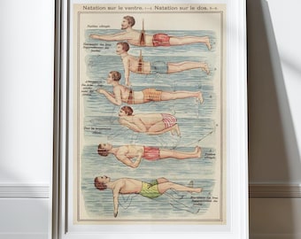 Antique Swimming Art Print Poster Vintage Poster French Swimmer Gift Wall Decor Swim Sport Gifts for Men