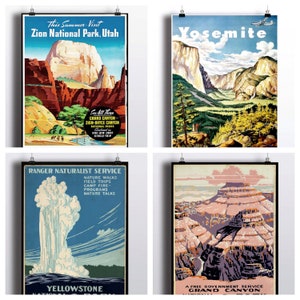 National Park Poster Set Vintage Prints Yosemite Print Grand Canyon Yellowstone National Park Zion National Park Wall Prints Travel image 1