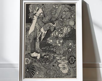 Antique Edgar Allan Poe Print Harry Clarke Illustration Poster Black and White Art Print Vintage Wall Art Gothic Print Obscure