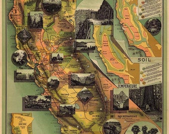 Antique California Map Wall Art California Map Print Wall Decor Vintage Map Poster Art Prints Illustration Maps Home Decor Wall Prints