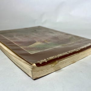 May include: A softcover book titled Two Centuries of Black American Art with a brown cover featuring a central illustration. The book is shown from an angled perspective, revealing the off-white pages along the side edge and a small piece of clear tape.