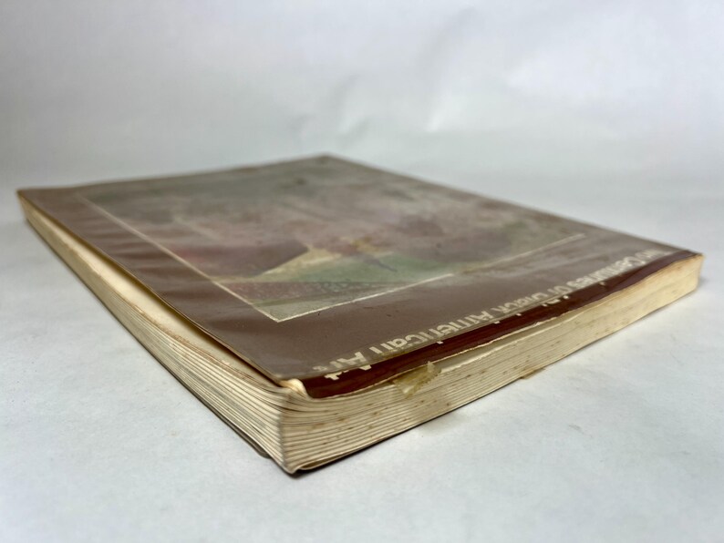 May include: A softcover book titled Two Centuries of Black American Art with a brown cover featuring a central illustration. The book is shown from an angled perspective, revealing the off-white pages along the side edge and a small piece of clear tape.